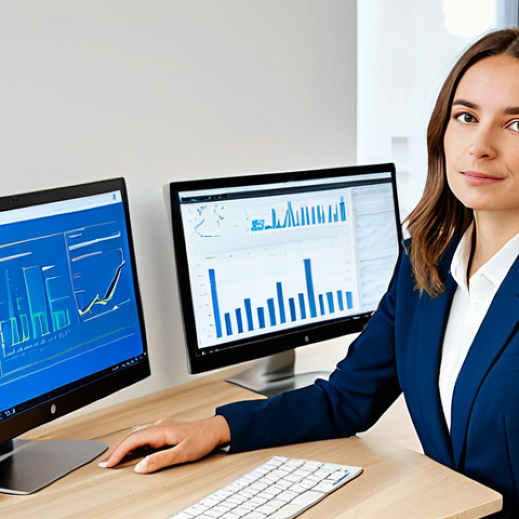 A professional French businesswoman in a chic, modest business suit, sitting comfortably at a sleek, minimalist desk in a bright, modern co-working space in a European city. She is looking at multiple large monitors displaying dashboards and project management tools, a calm and focused expression on her face. The environment is orderly and high-tech, showcasing efficient workflow. The image conveys a sense of productivity and advanced automation. Perfect anatomy, correct proportions, natural pose, well-formed hands, proper finger count, natural body proportions, fully clothed, appropriate attire, professional dress, safe for work, appropriate content, modest, professional photography, high quality.