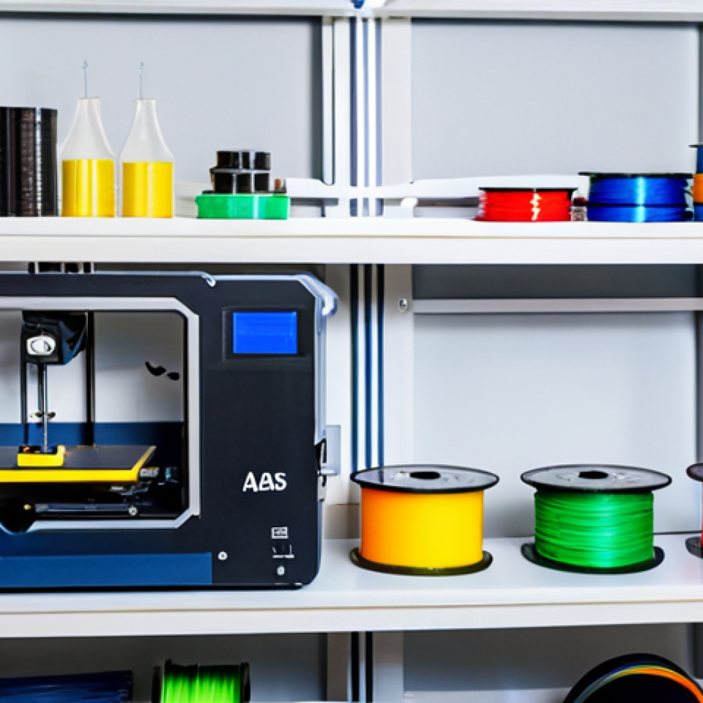 **
A well-organized workshop featuring a 3D FDM printer. Various spools of PLA, ABS, and PETG filaments are neatly arranged. The scene shows tools for cleaning and calibrating the printer: isopropyl alcohol, a leveling sensor, and silicone grease. Safe for work, appropriate content, fully clothed, professional, family-friendly, perfect anatomy, correct proportions, natural pose.
**