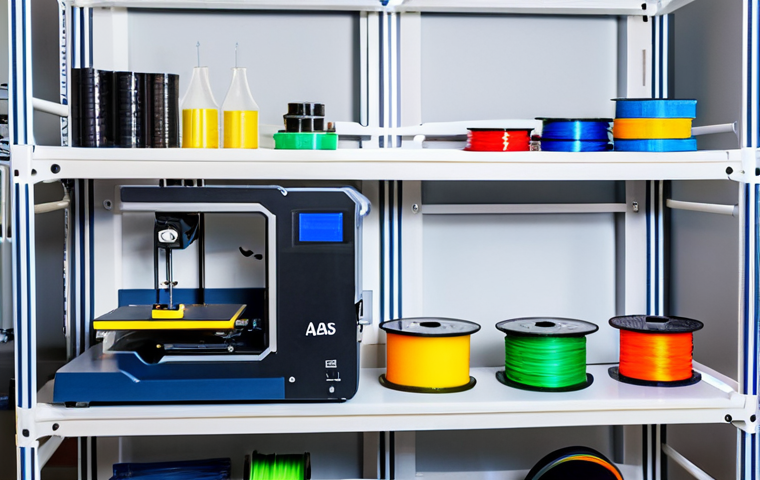 **
A well-organized workshop featuring a 3D FDM printer. Various spools of PLA, ABS, and PETG filaments are neatly arranged. The scene shows tools for cleaning and calibrating the printer: isopropyl alcohol, a leveling sensor, and silicone grease. Safe for work, appropriate content, fully clothed, professional, family-friendly, perfect anatomy, correct proportions, natural pose.
**