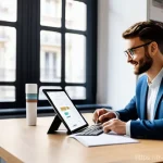 디지털 기술 활용법 - **"A vibrant illustration of a young French professional, in their late 20s, confidently navigating ...