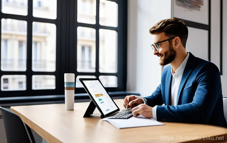 디지털 기술 활용법 - **"A vibrant illustration of a young French professional, in their late 20s, confidently navigating ...